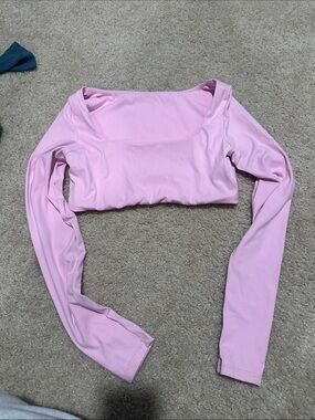 Womens Pink Long-Sleeve Square Neck Crop Top